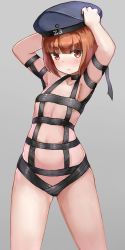 Rule 34 | 10s, 1girl, arms up, bare arms, bare shoulders, beret, black hat, blunt bangs, blush, bondage outfit, character name, collarbone, contrapposto, eyebrows, flat chest, grey background, hat, highres, holding, holding clothes, holding hat, kantai collection, legs apart, looking at viewer, matching hair/eyes, md5 mismatch, navel, okitsugu, orange eyes, orange hair, sailor hat, simple background, solo, standing, stomach, z3 max schultz (kancolle)