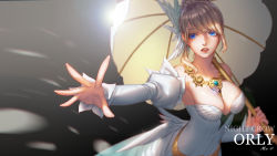 Rule 34 | 1girl, blonde hair, blue eyes, breasts, cleavage, detached sleeves, dress, highres, jewelry, large breasts, lips, mulin, necklace, outstretched hand, parasol, parted lips, seven knights, solo, umbrella, white dress