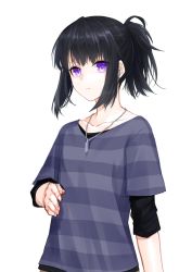Rule 34 | 1boy, androgynous, black hair, black undershirt, collarbone, commentary request, jewelry, looking at viewer, male focus, necklace, original, ponytail, purple eyes, shirt, short sleeves, simple background, solo, striped clothes, striped shirt, undershirt, upper body, waka (shark waka), white background