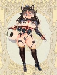 Rule 34 | 1girl, badger ears, bdsm, black footwear, black hair, black thighhighs, bondage outfit, boots, bracelet, breasts, curvy, dairoku ryouhei, fang, full body, garter straps, grey eyes, high heels, holding, holding riding crop, holding whip, jewelry, large breasts, long hair, looking at viewer, multicolored hair, official art, open mouth, over-kneehighs, pasties, revealing clothes, riding crop, ryoji (nomura ryouji), solo, spiked bracelet, spikes, standing, thighhighs, two-tone hair