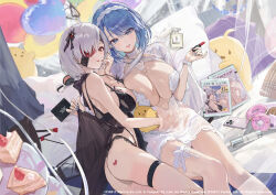 Rule 34 | 2girls, alternate hair color, animal, ass, azur lane, babydoll, balloon, bare arms, bare shoulders, bird, blue eyes, blue hair, breasts, cake, cake slice, cellphone, chapayev (azur lane), choker, cleavage, company connection, company name, covered navel, doughnut, eyepatch, fingernails, food, hair ornament, hairband, heart, highres, holding, kuybyshev (azur lane), large breasts, lipstick, logo, looking at viewer, makeup, manjuu (azur lane), mole, mole on breast, multiple girls, nail polish, official art, panties, phone, pillow, red eyes, see-through, serie niai, short hair, simple background, smile, sparkle, thigh strap, thighs, thong, underwear, white hair