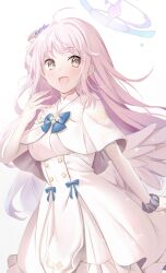 Rule 34 | 1girl, angel wings, blue archive, blush, breasts, capelet, dress, feathered wings, fingernails, flower, hair bun, hair flower, hair ornament, halo, large breasts, long hair, looking at viewer, mashiro aa, mika (blue archive), open mouth, pink hair, pink halo, purple flower, purple scrunchie, scrunchie, simple background, single side bun, smile, solo, white background, white capelet, white dress, white wings, wings, wrist scrunchie, yellow eyes