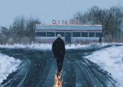 Rule 34 | 1boy, absurdres, bare tree, black jacket, black pants, building, burning, chain-link fence, commentary request, concept art, diner, embers, facing away, fence, flame trail, from behind, grey hair, highres, jacket, lights, male focus, original, outdoors, overcast, pants, procreate (medium), rgk1254, road, scenery, short hair, sky, snow, snowing, solo, tree, walking, winter