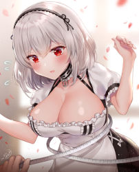 Rule 34 | 1girl, anchor, apron, azur lane, black choker, black dress, blurry, blurry background, blush, breasts, buttons, choker, cleavage, collarbone, commentary request, depth of field, dress, flying sweatdrops, frilled choker, frilled sleeves, frills, hair between eyes, hairband, hands up, large breasts, maid, maid apron, naomi (fantasia), parted lips, petals, pov, pov hands, puffy short sleeves, puffy sleeves, red eyes, short hair, short sleeves, signature, silver hair, sirius (azur lane), solo focus, tape measure, taut clothes, white apron