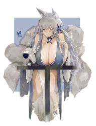 Rule 34 | 1girl, alcohol, animal ear fluff, animal ears, azur lane, bare shoulders, blue butterfly, blue dress, blue eyes, blush, breasts, bug, butterfly, cleavage, cup, dress, drinking glass, feather boa, fox ears, grey hair, hair ornament, high heels, highres, huge breasts, insect, kitsune, knees together feet apart, konnichiwa kanemura, leaning forward, long hair, looking away, multiple tails, shinano (azur lane), shinano (dreams of the hazy moon) (azur lane), sitting, solo, tail, thighs, very long hair, white background, wine glass