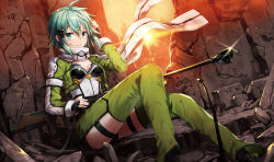 Rule 34 | 10s, 1girl, anti-materiel rifle, aqua eyes, aqua hair, bolt action, breasts, cleavage, fingerless gloves, gabiran, gloves, gun, hair ornament, hairclip, looking at viewer, pgm hecate ii, rifle, ruins, scarf, short hair, sinon, small breasts, smile, sniper rifle, solo, sunset, sword art online, weapon, wind