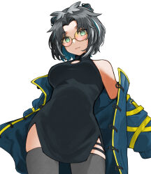 Rule 34 | 1girl, absurdres, animare, black dress, blue hair, blue jacket, blush, boxreeemaver 2, china dress, chinese clothes, closed mouth, commentary request, cone hair bun, cowboy shot, double bun, dress, expressionless, from below, glasses, green eyes, grey hair, grey thighhighs, grey wings, hair bun, head wings, highres, jacket, jacket partially removed, looking at viewer, medium bangs, multicolored hair, nanashi inc., oura rukako, oura rukako (2nd costume), parted bangs, round eyewear, short dress, short hair, simple background, sleeveless, sleeveless dress, solo, streaked hair, thighhighs, virtual youtuber, white background, white hair, wings, yellow-framed eyewear