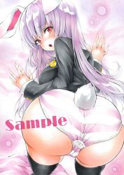 Rule 34 | 1girl, animal ears, arim0k0, ass, bent over, black jacket, black thighhighs, cameltoe, crescent, crescent pin, from behind, highres, jacket, long hair, long sleeves, looking at viewer, open mouth, panties, pink background, pink panties, purple hair, rabbit ears, rabbit tail, red eyes, reisen udongein inaba, sample watermark, solo, striped clothes, striped panties, tail, thighhighs, touhou, traditional media, underwear, watermark, white panties