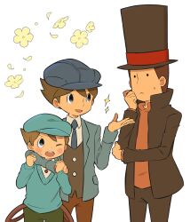 Rule 34 | 3boys, arm over head, black eyes, blue headwear, blue jacket, blue necktie, blue sweater, blush, brown hair, brown headwear, brown jacket, brown pants, brown vest, cabbie hat, collared shirt, commentary request, flower, frown, future luke, green shorts, hand up, hands up, hat, hershel layton, high collar, highres, jacket, kiwami (kiwamimuneko), long sleeves, looking back, luke triton, male focus, multiple boys, necktie, one eye closed, open clothes, open jacket, open mouth, orange sweater, pants, professor layton, professor layton and the unwound future, shirt, short hair, shorts, smile, sparkle, standing, suspenders, suspenders hanging, sweatdrop, sweater, top hat, vest, white background, white shirt, yellow flower