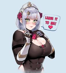 Rule 34 | + +, 1girl, abs, alternate breast size, alternate muscle size, armor, blush, braid, breasts, cleavage, cleavage cutout, clothing cutout, covered abs, english text, flower, genshin impact, green eyes, grey hair, hair flower, hair ornament, highres, large breasts, looking at viewer, maid, maid headdress, muscular, muscular female, noelle (genshin impact), nyantcha, rose, short hair, simple background, smile, solo, sparkling eyes, sweat, upper body