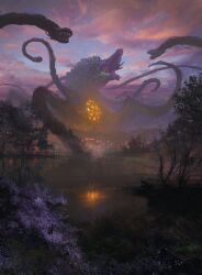 Rule 34 | artist request, biollante, cherry blossoms, dusk, epic, extra mouth, forest, glowing, godzilla (series), godzilla vs. biollante, hill, kaijuu, magic: the gathering, nature, official art, open mouth, plant, reflection, roaring, tentacles, toho, town, tree, tusks, vines