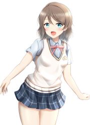 Rule 34 | 1girl, aqua shirt, artist name, artist request, bare legs, blue eyes, blush, breasts, checkered clothes, checkered skirt, collared shirt, female focus, grey hair, highres, kamesys, light brown hair, looking at viewer, love live!, love live! school idol festival, love live! sunshine!!, parted lips, red ribbon, ribbon, shirt, short hair, skirt, small breasts, smile, solo, vest, watanabe you, white background, yellow vest