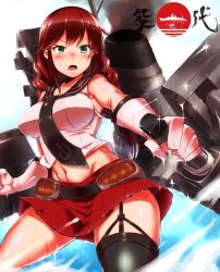 Rule 34 | 1girl, anchor symbol, attyon, black neckwear, black sailor collar, black thighhighs, blue eyes, blush, braid, breasts, brown hair, character name, elbow gloves, garter straps, gloves, highres, kantai collection, large breasts, long hair, midriff, navel, noshiro (kancolle), open mouth, red skirt, rigging, sailor collar, single thighhigh, skirt, sleeveless, smoke, solo, sparkle, thighhighs, twin braids, water, wet, white gloves