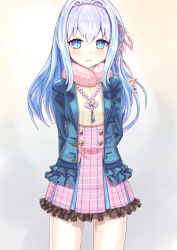 Rule 34 | 1girl, bad id, bad pixiv id, blue eyes, blue hair, blue jacket, bow, chicken (chickenx), closed mouth, cowboy shot, frills, gradient hair, hair bow, hair intakes, highres, jacket, jewelry, long hair, looking at viewer, mana (shironeko project), multicolored hair, necklace, pink bow, pink skirt, plaid, plaid skirt, shironeko project, silver hair, skirt, solo, standing