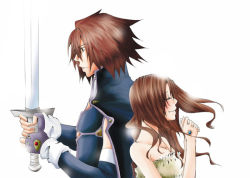 Rule 34 | 00s, anna irving, brown hair, closed eyes, couple, fingerless gloves, gloves, kratos aurion, long hair, red hair, short hair, simple background, sword, tales of (series), tales of symphonia, weapon