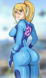 Rule 34 | 1girl, ass, ass focus, blonde hair, blue bodysuit, blue eyes, blush, bodysuit, breasts, closed mouth, covered erect nipples, eyelashes, feet out of frame, female focus, gluteal fold, hair between eyes, hair tie, highres, large breasts, lepypepy, lips, long hair, looking at viewer, looking back, metroid, nintendo, patreon username, ponytail, samus aran, sideboob, sidelocks, skin tight, solo, standing, sweat, thighs, watermark, web address, y shaped butt crack, zero suit