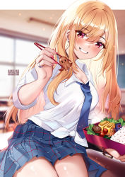 Rule 34 | 1girl, bento, blonde hair, blue necktie, blue skirt, blurry, blurry background, blush, breasts, chopsticks, cleavage, commentary, cowboy shot, earrings, english commentary, grin, hair between eyes, highres, holding, holding chopsticks, indoors, jewelry, kitagawa marin, large breasts, long hair, looking at viewer, miniskirt, nail polish, necktie, pink nails, pleated skirt, purple eyes, rice, ring, shirt, sitting, skirt, smile, solo, sono bisque doll wa koi wo suru, squchan, very long hair, white shirt