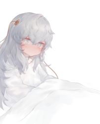 Rule 34 | 1girl, bad id, bad pixiv id, blush, closed mouth, commentary request, dokomon, girls&#039; frontline, grey eyes, grey hair, hair between eyes, hair ornament, highres, korean commentary, long hair, long sleeves, looking at viewer, ribeyrolles (girls&#039; frontline), shirt, simple background, sitting, solo, tears, under covers, very long hair, white background, white shirt