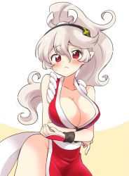 Rule 34 | 1girl, alternate hairstyle, arms under breasts, bare shoulders, blush, breasts, can&#039;t be this cute, cleavage, corrin (female) (fire emblem), corrin (fire emblem), cosplay, eromame, fatal fury, fire emblem, fire emblem fates, hair between eyes, hair ornament, hairband, japanese clothes, large breasts, long hair, looking at viewer, nintendo, no bra, no panties, pelvic curtain, pointy ears, ponytail, red eyes, revealing clothes, sash, shiranui mai, shiranui mai (cosplay), silver hair, simple background, solo, standing, super smash bros., the king of fighters