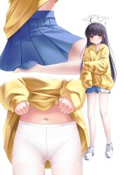 Rule 34 | 1girl, absurdres, ahoge, alternate costume, black hair, blue archive, blue skirt, blush, bright pupils, casual, clothes lift, halo, highres, hood, hoodie, hoodie lift, lifting own clothes, long sleeves, looking at viewer, miyu (blue archive), multiple views, navel, panties, panties under pantyhose, pantyhose, pleated skirt, red eyes, shira jun, shoes, simple background, skirt, sneakers, thighhighs, underwear, white background, white hoodie, white panties, white pantyhose, white pupils