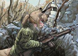 Rule 34 | 1girl, animal ears, brown eyes, brown hair, forest, fox ears, fox girl, fox girl (yihan1949), fox tail, gloves, gun, highres, holding, holding weapon, military uniform, nature, original, ponytail, rifle, scope, sniper rifle, solo, squirrel, steam, steam from mouth, tail, tree, uniform, weapon, yihan1949