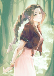 Rule 34 | 1girl, absurdres, aerith gainsborough, arms behind back, bangle, bracelet, braid, braided ponytail, breasts, brown hair, cowboy shot, cropped jacket, dress, final fantasy, final fantasy vii, final fantasy vii remake, forest, gramm 3, green eyes, hair ribbon, highres, jacket, jewelry, long dress, long hair, looking at viewer, medium breasts, nature, outdoors, parted bangs, pink dress, pink ribbon, red jacket, ribbon, short sleeves, sidelocks, sleeping forest, smile, solo, square enix