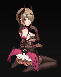 Rule 34 | 1girl, absurdres, alternate costume, ass, back, bare shoulders, bat wings, black background, breasts, brown hair, brown socks, cleavage, elbow gloves, full body, gloves, hair ornament, hair over one eye, halloween costume, hand on own face, highres, honkai (series), honkai impact 3rd, horn ornament, horns, kneehighs, lipstick, looking at viewer, looking back, looking to the side, makeup, no-light, pink eyes, rita rossweisse, rita rossweisse (umbral rose), seiza, short hair, sideboob, simple background, sitting, smile, socks, solo, thong, wings