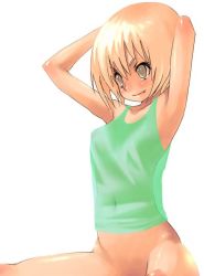 Rule 34 | armpits, arms up, bad id, bad pixiv id, blonde hair, bottomless, breasts, camisole, colorge, fang, oekaki, see-through, shirt, sitting, smile, solo