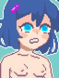 Rule 34 | 1girl, blue eyes, blue hair, flat chest, lily (spearited), nude, pixel art, simple background, solo, spearited