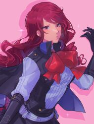 Rule 34 | 1girl, absurdres, belt, black cape, black gloves, bow, bowtie, buttons, cape, collar, collared shirt, commentary, elbow gloves, eyelashes, gloves, highres, kirijou mitsuru, kokomi (aniesuakkaman), long hair, official alternate costume, parted lips, persona, persona 3, persona 3 reload, pink background, red bow, red bowtie, red eyes, red hair, shirt, simple background, solo