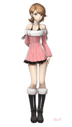 Rule 34 | 1girl, bare shoulders, boots, brown eyes, brown hair, collar, dress, earrings, full body, fur trim, highres, jewelry, light smile, long hair, looking at viewer, ozkh, persona, persona 3, simple background, solo, swept bangs, takeba yukari, white background