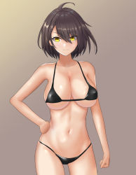 Rule 34 | 1girl, ahoge, asanagi shion, azur lane, bad hands, baltimore (azur lane), bare arms, bare shoulders, bikini, black bikini, black hair, breasts, commentary request, cowboy shot, gradient background, grey background, hair between eyes, hand on own hip, highres, large breasts, looking at viewer, micro bikini, navel, short hair, smile, solo, standing, stomach, swimsuit, yellow eyes