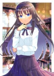 Rule 34 | 1girl, black bow, black hair, black skirt, blue eyes, blurry, blurry background, bow, closed mouth, commentary request, commission, depth of field, hairband, hand up, kou hiyoyo, long hair, long sleeves, multicolored hair, pleated skirt, puffy long sleeves, puffy sleeves, purple hair, purple hairband, shirt, skeb commission, skirt, solo, tohno akiha, tsukihime, two-tone hair, very long hair, white shirt
