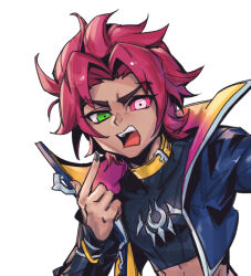 Rule 34 | 1girl, black jacket, black nails, black shirt, colored sclera, d:, green eyes, hand up, heartsteel kayn, jacket, kayn (league of legends), league of legends, male focus, nail polish, open clothes, open jacket, open mouth, phantom ix row, pink sclera, red hair, shirt, simple background, solo, teeth, tongue, upper body, upper teeth only, white background, yellow collar