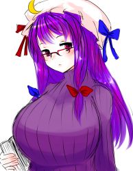 Rule 34 | 1girl, :&lt;, alternate costume, bespectacled, book, bow, breasts, crescent, female focus, glasses, hair bow, han (jackpot), hat, huge breasts, long hair, over-rim eyewear, patchouli knowledge, pink eyes, purple hair, ribbed sweater, semi-rimless eyewear, solo, sweater, touhou