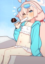 Rule 34 | 1girl, absurdres, bikini, blue archive, blue sky, bori (3910234), breasts, food, food in mouth, highres, hoshino (blue archive), hoshino (swimsuit) (blue archive), ice cream, midriff, navel, popsicle, popsicle in mouth, sitting, sky, small breasts, solo, sweat, swimsuit