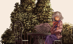 Rule 34 | akaiha (akaihagusk), angel wings, bad id, bad pixiv id, bow, bowtie, brooch, chair, closed eyes, closed mouth, dress, feathered wings, highres, jacket, jewelry, kishin sagume, long sleeves, open clothes, open jacket, plant, purple dress, red bow, red bowtie, silver hair, single wing, sitting, solo, table, touhou, white wings, wings