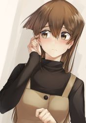 Rule 34 | 1girl, bad id, bad twitter id, blush, brown eyes, brown hair, closed mouth, grey background, highres, long hair, long sleeves, looking to the side, rourou ill, sleeves past wrists, solo, straight hair, sweater, tenjouin asuka, turtleneck, turtleneck sweater, upper body, yu-gi-oh!, yu-gi-oh! gx