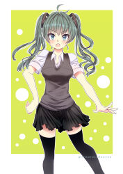Rule 34 | 1girl, :o, absurdres, ahoge, alternate costume, aqua eyes, aqua hair, black skirt, black thighhighs, border, circle, collared shirt, green background, grey vest, hand on own hip, hatsune miku, highres, inset border, light blush, long hair, looking at viewer, open mouth, outline, shirt, skirt, solo, standing, teeth, thighhighs, timelessheaven, twintails, twitter username, upper teeth only, vest, vocaloid, white border, white outline, white shirt