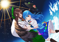 Rule 34 | 2girls, ambasa, bird wings, black headwear, blue hair, blue skirt, blue sky, boots, bow, bowtie, breasts, brown footwear, brown hair, brown wings, cloud, collared shirt, commentary request, commission, feet out of frame, food, frilled shirt collar, frilled skirt, frills, fruit, green bow, green skirt, hair between eyes, hair bow, hat, highres, hinanawi tenshi, hug, leaf, long hair, medium breasts, multiple girls, one eye closed, open mouth, peach, puffy short sleeves, puffy sleeves, rainbow, rainbow gradient, red bow, red bowtie, red eyes, reiuji utsuho, shirt, short sleeves, skeb commission, skirt, sky, smile, sun, third eye, touhou, white shirt, wings