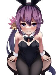 Rule 34 | 1girl, akebono (kancolle), animal ears, bell, black leotard, black pantyhose, blush, bow, bowtie, breasts, covered navel, detached collar, fake animal ears, flower, hair bell, hair flower, hair ornament, highleg, highleg leotard, highres, jingle bell, kantai collection, leotard, long hair, looking at viewer, pantyhose, playboy bunny, purple eyes, purple hair, rabbit ears, rabbit tail, revision, side ponytail, sitting, small breasts, solo, strapless, strapless leotard, table, tail, thigh gap, totoraisu, traditional bowtie, very long hair, white background, wrist cuffs