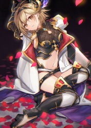 Rule 34 | 1girl, arm up, armor, armpit peek, belt, black background, black footwear, black shirt, black thighhighs, blonde hair, breasts, brown eyes, cloak, commentary request, coyucom, crop top, djeeta (granblue fantasy), earrings, gauntlets, granblue fantasy, hairband, head tilt, head wings, highres, jewelry, looking at viewer, medium breasts, midriff, navel, parted lips, petals, shirt, shoes, short hair, simple background, sitting, sleeveless, sleeveless shirt, solo, stomach, thighhighs, white cloak, wings
