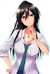 Rule 34 | 1girl, black hair, breasts, cleavage, closed mouth, collarbone, collared shirt, commentary request, dog tags, dress shirt, finger to own chin, green neckwear, hair between eyes, hand on own hip, high ponytail, highres, idolmaster, idolmaster shiny colors, kon5283, large breasts, long hair, looking at viewer, loose necktie, necktie, ponytail, school uniform, shirase sakuya, shirt, sleeves rolled up, smile, white shirt, yellow eyes