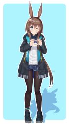 Rule 34 | 1girl, ;d, absurdres, amiya (arknights), animal ears, anklet, arknights, ascot, black ascot, black coat, black footwear, black pantyhose, blue background, blue eyes, blue skirt, border, brown hair, clothes writing, coat, commentary, commission, english commentary, full body, grin, heart, heart hands, highres, hood, hood down, hooded coat, jewelry, long hair, long sleeves, miniskirt, one eye closed, open clothes, open coat, open mouth, outside border, pantyhose, plaid, plaid skirt, pleated skirt, ponytail, rabbit ears, rabbit girl, ring, rynzfrancis, shirt, shoes, sidelocks, simple background, skirt, smile, solo, standing, striped clothes, striped shirt, teeth, thighlet, twitter username, vertical-striped clothes, vertical-striped shirt, very long hair, white border, white shirt