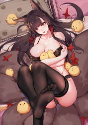 Rule 34 | 1girl, akagi (azur lane), animal ears, ass, azur lane, bare arms, bare shoulders, bird, black bra, black hair, black panties, bra, breasts, brown thighhighs, chick, cleavage, collarbone, crotch seam, feet, foreshortening, fox ears, hair ornament, highres, lace, lace-trimmed bra, lace-trimmed legwear, lace trim, large breasts, legs up, long hair, looking at viewer, lying, manjuu (azur lane), no shoes, on back, panties, pillow, red eyes, solo, string bra, thighhighs, toes, tongue, tongue out, underwear, underwear only, you ni ge shaobing