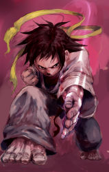 Rule 34 | 1girl, barefoot, belt, brown hair, capcom, chop, chopping, clenched hands, commentary request, dougi, forehead, full body, furrowed brow, highres, karate, karate gi, makoto (street fighter), martial arts, martial arts belt, messy hair, motion blur, perspective, sash, simple background, solo, street fighter, yamamoto souichirou, yellow sash
