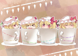Rule 34 | &gt; &lt;, 4girls, :3, :d, blonde hair, blush, chibi, clone, closed eyes, cup, female focus, flandre scarlet, four of a kind (touhou), hammer (sunset beach), hat, in container, in cup, looking at viewer, mirumo de pon!, mug, multiple girls, multiple persona, open mouth, parody, red eyes, revision, short hair, side ponytail, sideways glance, smile, touhou, wings, xd