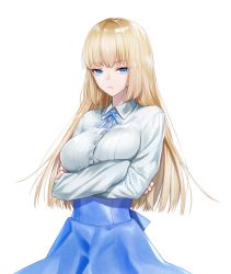 Rule 34 | 1girl, blonde hair, blue eyes, blue ribbon, blue skirt, breasts, buttons, closed mouth, collared shirt, crossed arms, dress shirt, half-closed eyes, high-waist skirt, large breasts, long hair, long sleeves, looking at viewer, neck ribbon, original, ribbon, shirt, shirt tucked in, sidelocks, simple background, skirt, solo, standing, straight hair, striped clothes, striped shirt, waka (shark waka), white background, white shirt
