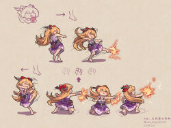 Rule 34 | 1girl, absurdres, artist name, attack trail, barefoot, blonde hair, bow, chain, command input, dated, drunken fist, fighting game, gourd, hair bow, highres, horn ornament, horn ribbon, horns, ibuki suika, jamie siu, kicking, kneeling, long hair, motion lines, multiple views, nero augustus, one eye closed, oni, open mouth, orange eyes, orange hair, punching, ribbon, shirt, simple background, skirt, sleeveless, solo, street fighter, street fighter 6, touhou, unbuttoned