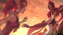 Rule 34 | 2girls, alternate costume, alternate hairstyle, angry, animification, blush, breasts, choker, cloud, commentary, earrings, elbow gloves, emblem, flat chest, gloves, hair ornament, highres, jewelry, jinx (league of legends), league of legends, long twintails, lux (league of legends), medium breasts, multiple girls, official art, red eyes, red hair, sky, smack, star guardian (league of legends), star guardian jinx, star guardian lux, sun, tiara, twintails